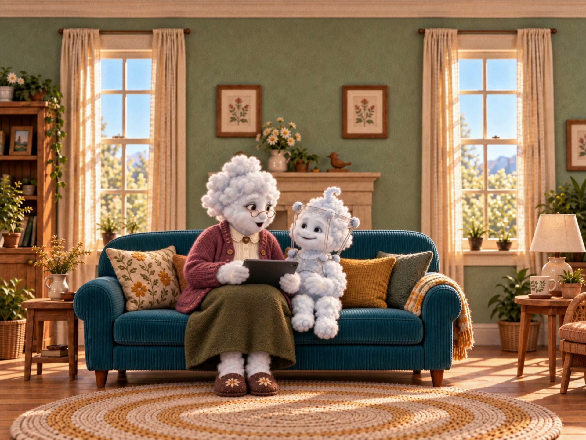 Pip and his cloud Grandma share an idea on their sofa in the afternoon sunshine.