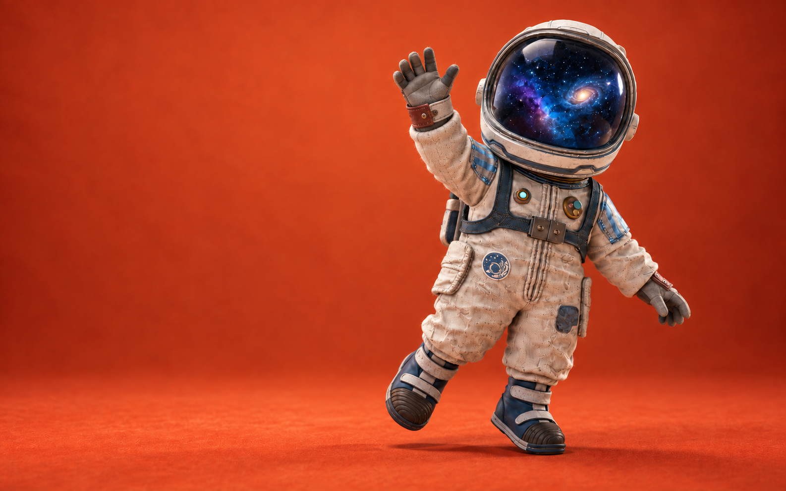 Booster waving, with a universe inside his helmet