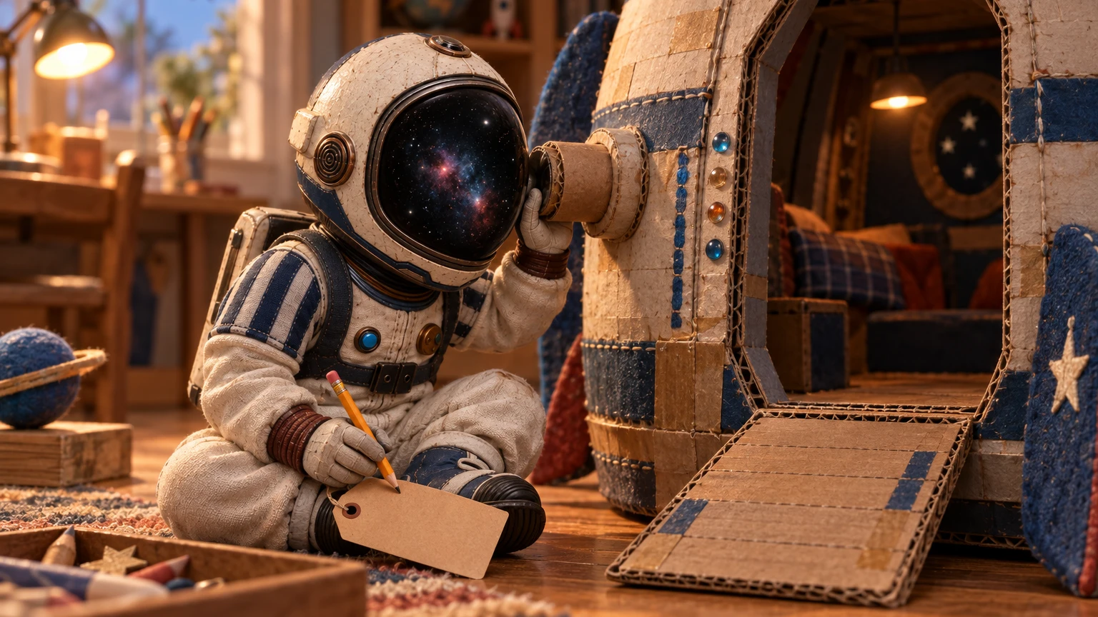 Booster listens at the paper-tube airlock of a handmade cardboard spaceship, pencil poised over a blank tag.