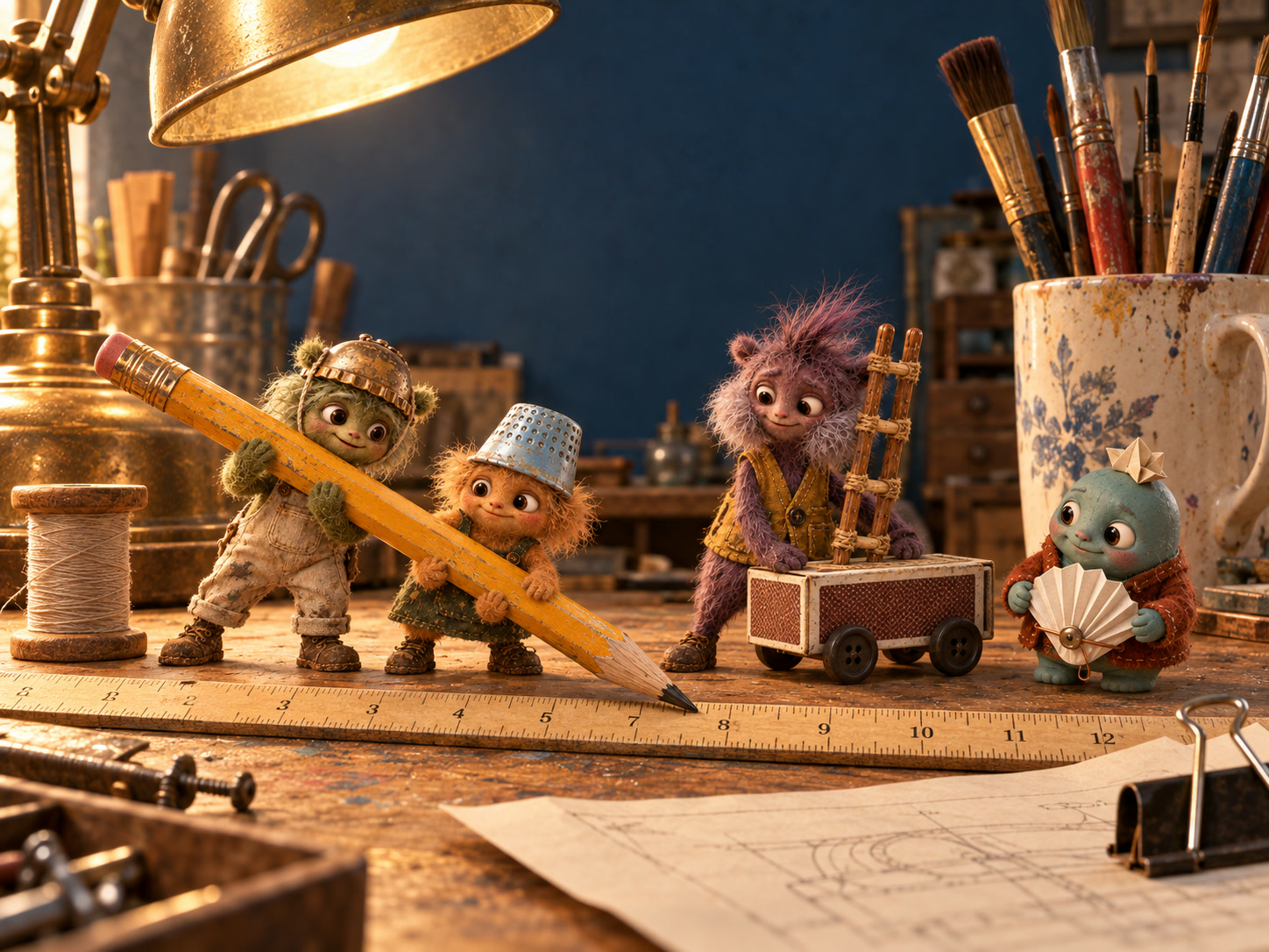 The tiny handmade crew makes room for a teal clay visitor among full-sized tools on a workbench.
