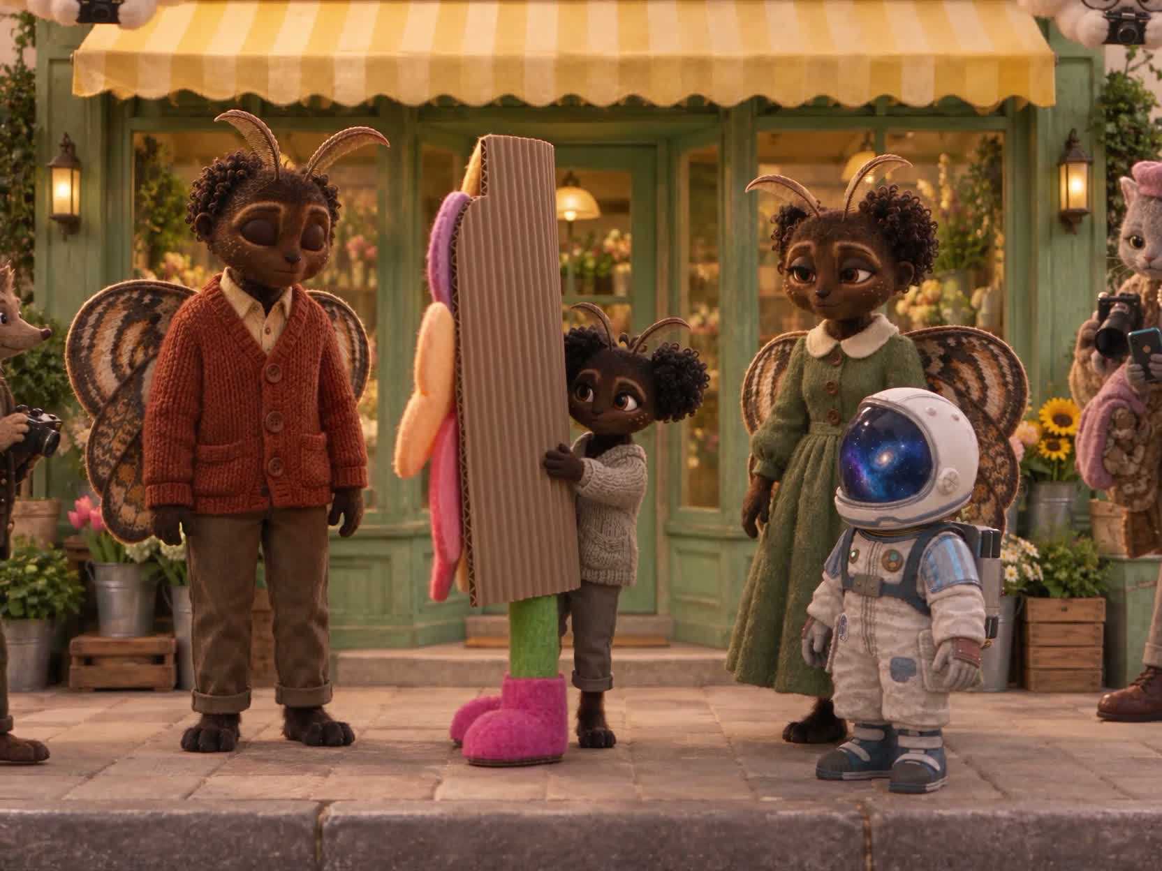 Zoe peeks from behind a handmade flower cutout, with her family and Booster beside her.