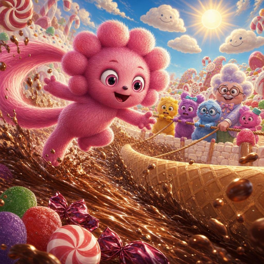 Squiggle flying over a swirly chocolate river in a colorful candy-land adventure.