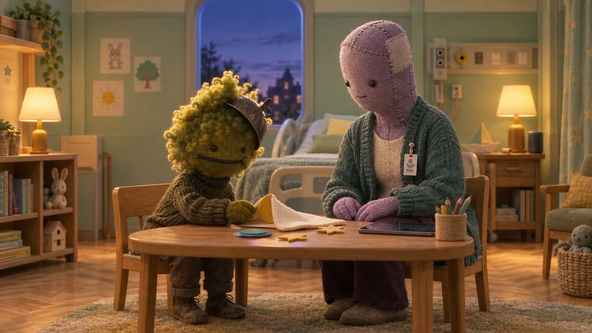 Maya adjusts a tiny blanket around a felt crescent moon as Nell watches at their hospital room table.