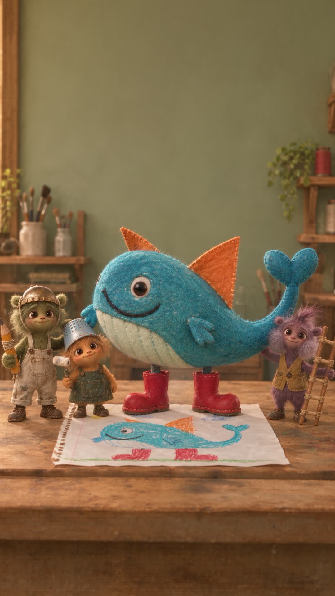 A flying whale in red boots, imagined on lined paper and brought into a handmade world