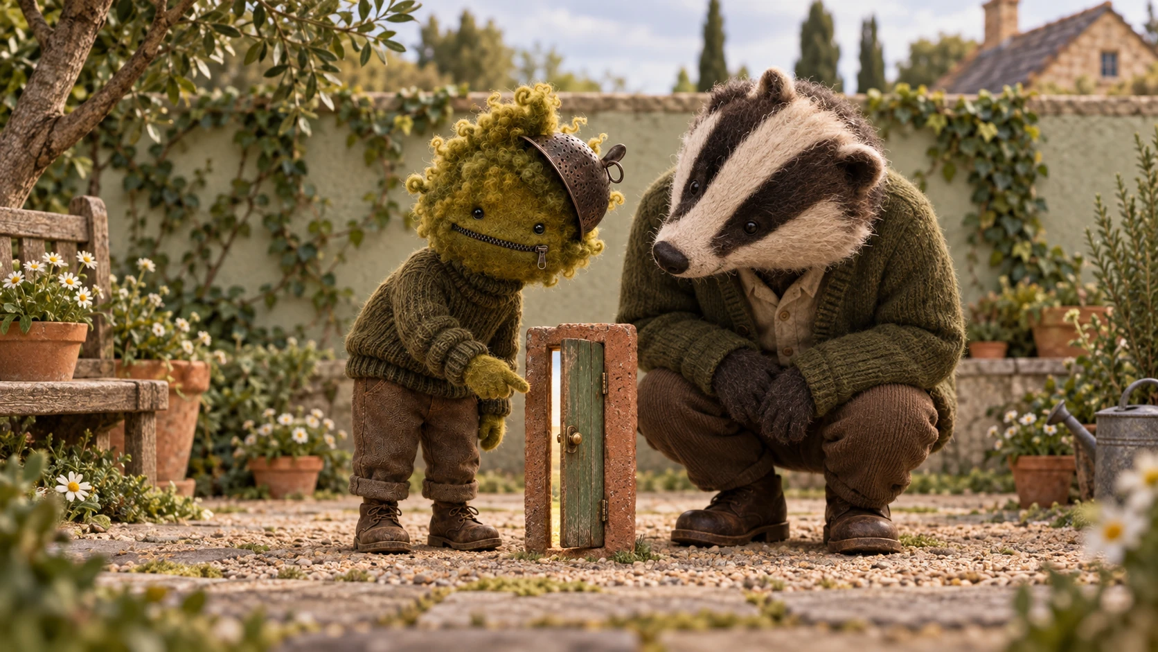 Maya and an adult badger wonder together about a tiny garden door standing in a single brick.