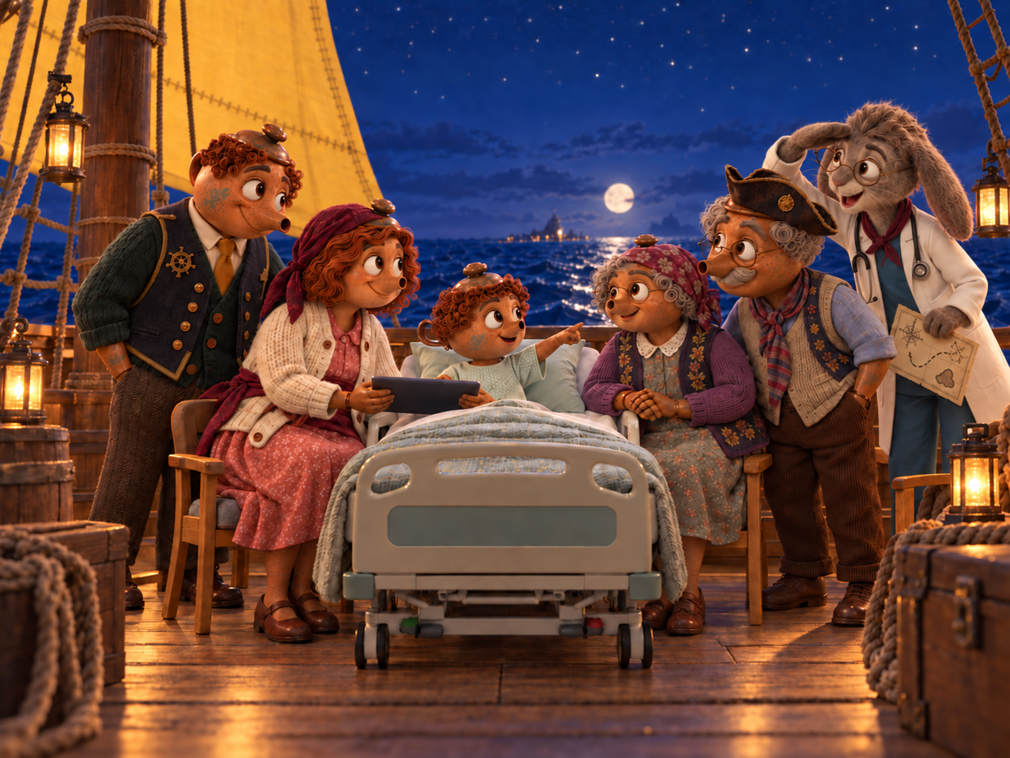 Arlo imagines a pirate adventure from his hospital bed, with his family and doctor joining in.