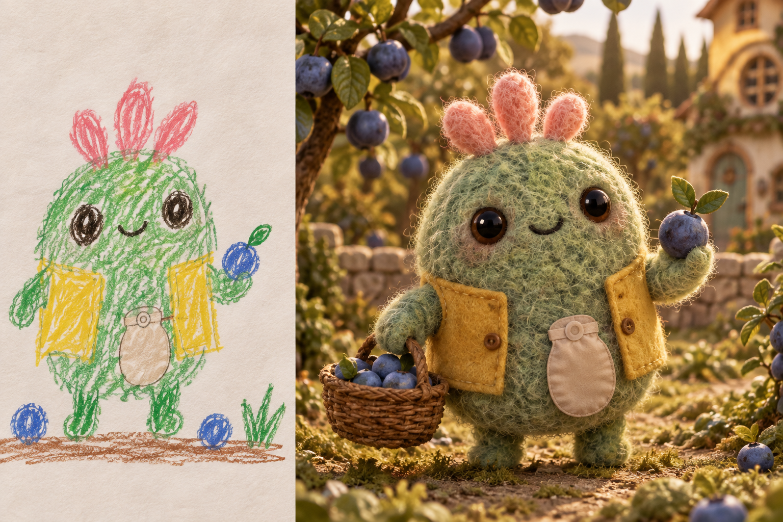 Green blueberry friend with an ostomy pouch: drawing alongside its handmade character in a blueberry world
