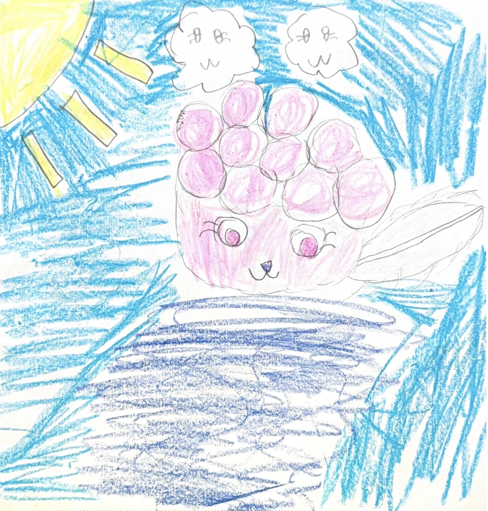 The original crayon drawing: a pink, smiling, loop-covered character beneath a yellow sun and two clouds.