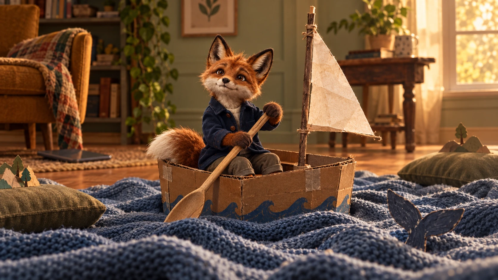 Ellie captains a cardboard boat across a pretend ocean made from a blue knitted blanket.