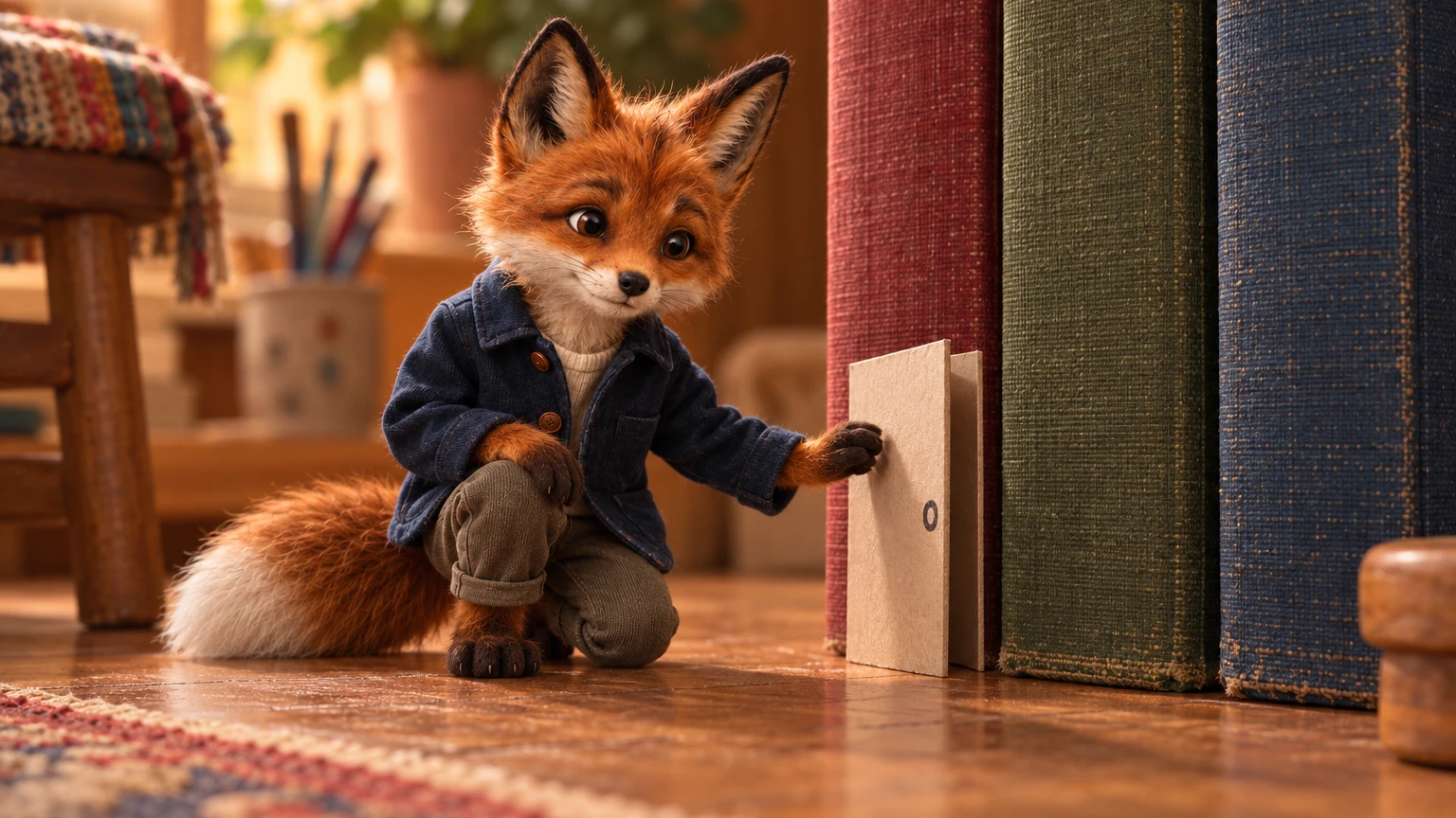 Ellie, an orange fox in a navy jacket, pauses with one paw raised to knock on a tiny folded-card doorway beside three clothbound books.