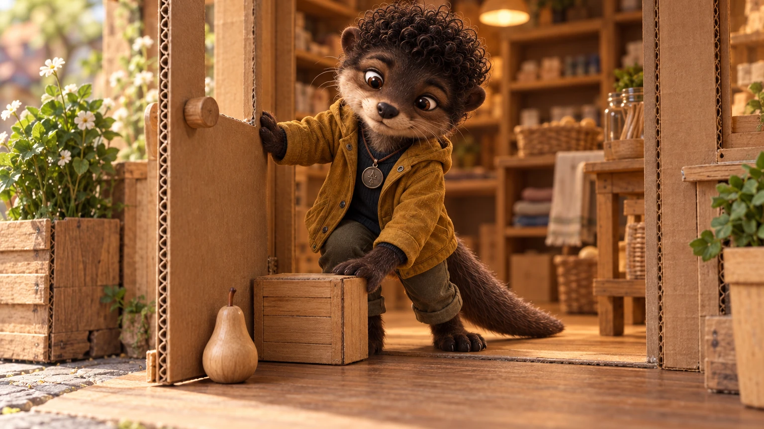 Imani props open a miniature cardboard shop door with a wooden crate, leaving a clear entrance beside a small wooden pear.